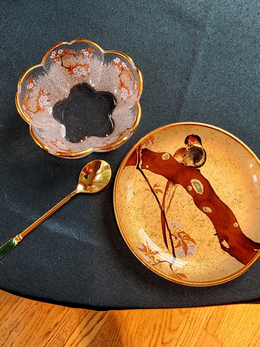 Japanese Gold Floral Glass Cup and Saucer Set with Gold Colored Spoons